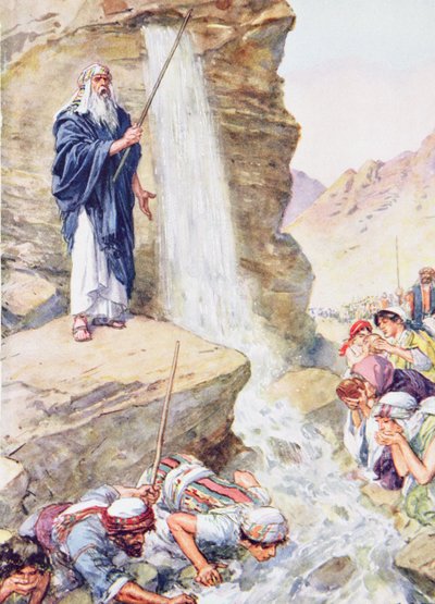 „Wzywając imienia Jehowy uderzył w skałę”, ilustracja z „Przez Biblię”, Virtue Publishing, 1928 autorstwa Charles Edmund Brock